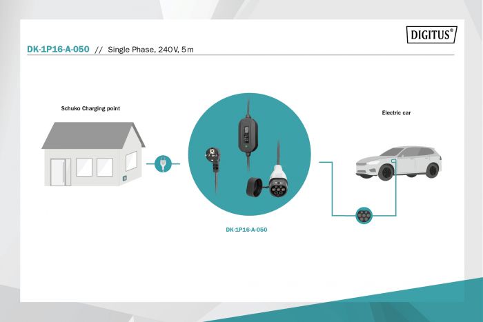 Кабель зарядний DIGITUS EV Single Phase, 230V, 8-16А, 5 m, Schuko to Type 2, з блоком керування та індикуації заряду