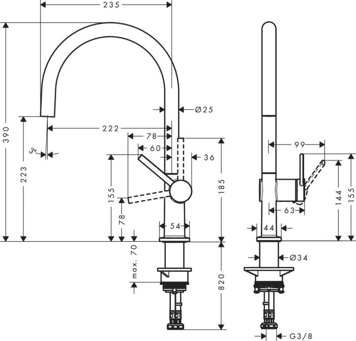 Змішувач Hansgrohe Talis M54 для кухонної мийки/72804800/220мм, 1-струменевий/поворотний/важіль збоку/форма округла/під сталь