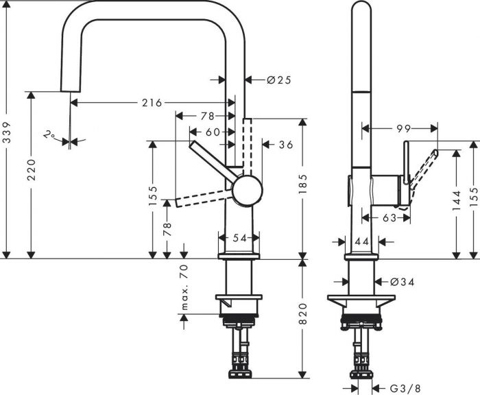 Змішувач Hansgrohe Talis M54 для кухонної мийки/72806800/220мм, 1-струменевий/поворотний/важіль збоку/форма округла/під сталь