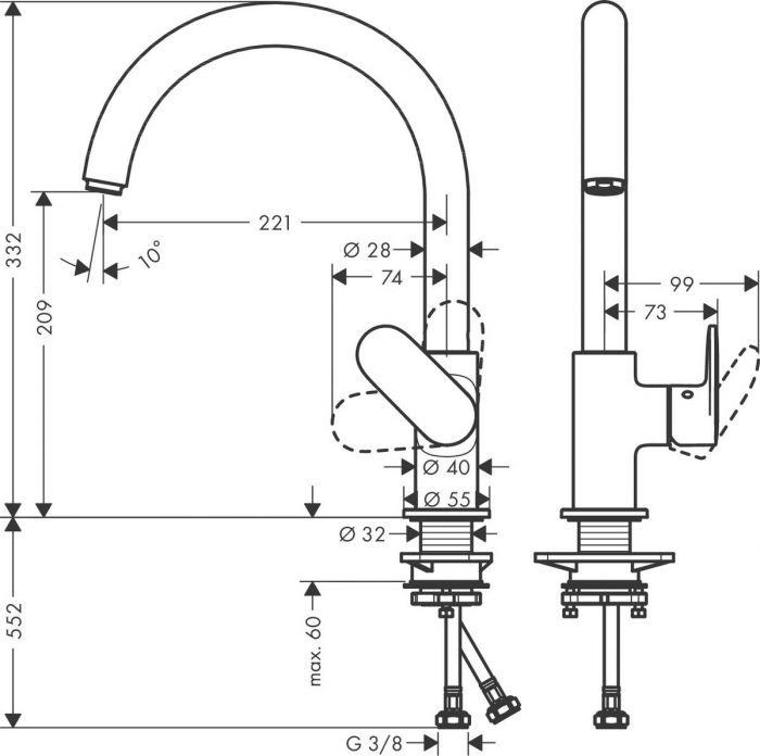 Змішувач Hansgrohe Vernis Blend M35 для кухонної мийки/71870670/210мм, 1-струменевий/поворотний/важіль збоку/форма округла/чорний матовий