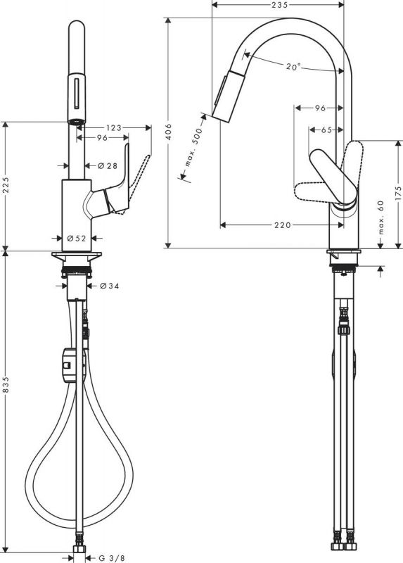 Змішувач Hansgrohe Focus для кухонної мийки/31815000/240мм, 2-струменевий/поворотний/з витяжним душем/важіль збоку/форма кругла/хром