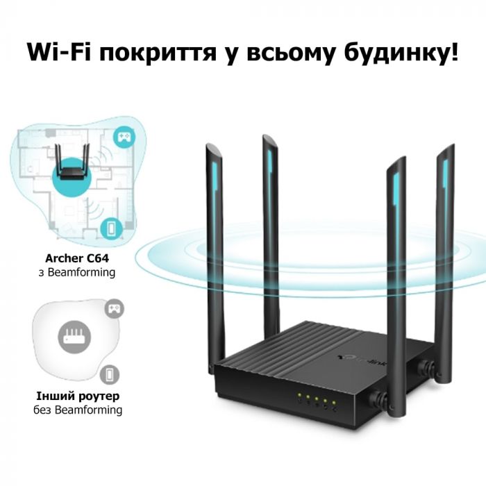 Маршрутизатор TP-LINK ARCHER C64 AC1200 4xGE LAN 1xGE WAN MU-MIMO