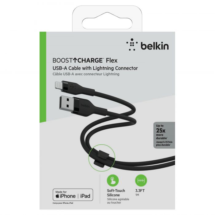 Кабель Belkin USB-A - Lightning силіконовий, з кліпсою, 1м, чорний
