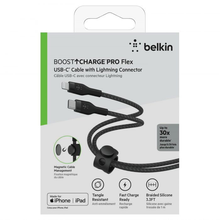 Кабель Belkin USB-С - Lightning плетений, силіконовий, з ремінцем на магніті, 1м, чорний