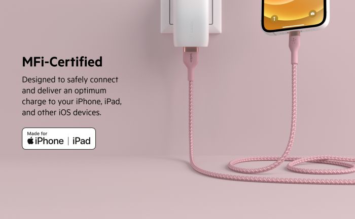 Кабель Belkin USB-A - Lightning плетений, силіконовий, з ремінцем на магніті, 1м, рожевий