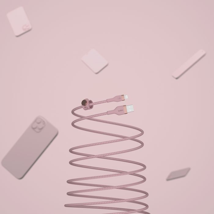Кабель Belkin USB-A - Lightning плетений, силіконовий, з ремінцем на магніті, 1м, рожевий