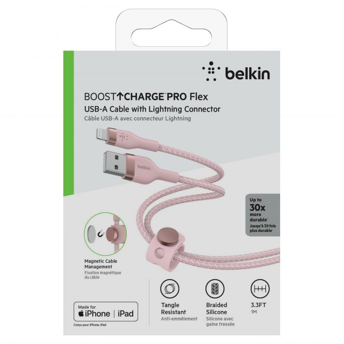 Кабель Belkin USB-A - Lightning плетений, силіконовий, з ремінцем на магніті, 1м, рожевий