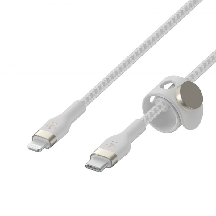 Кабель Belkin USB-С - Lightning плетений, силіконовий, з ремінцем на магніті, 1м, білий