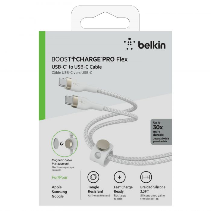 Кабель Belkin USB-С - USB-C плетений, силіконовий, з ремінцем на магніті, 1м, білий
