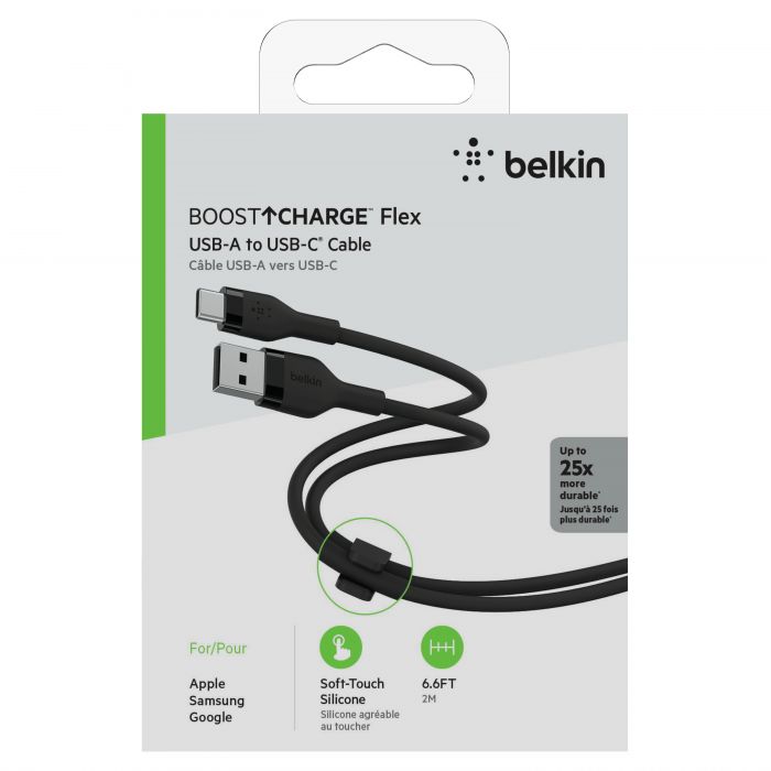 Кабель Belkin USB-A - USB-C силіконовий, з кліпсою, 2м, чорний