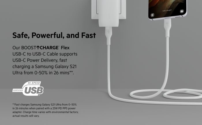 Кабель Belkin USB-С - USB-C силіконовий, з кліпсою, 1м, білий