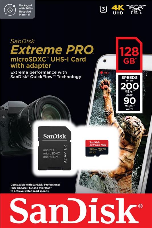 Карта пам'яті SanDisk microSD  128GB C10 UHS-I U3 R200/W90MB/s Extreme Pro V30 + SD