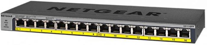 Комутатор NETGEAR GS116PP 16x1GE PoE+(183Вт), FlexPoE, некерований