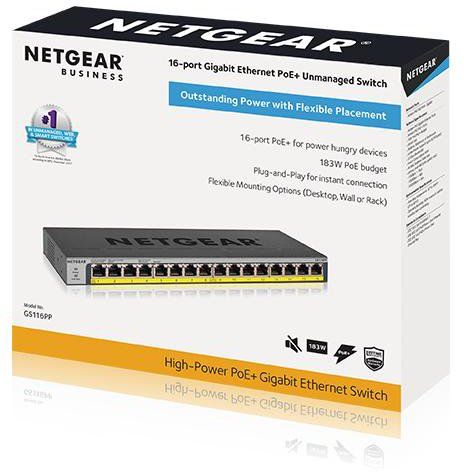 Комутатор NETGEAR GS116PP 16x1GE PoE+(183Вт), FlexPoE, некерований