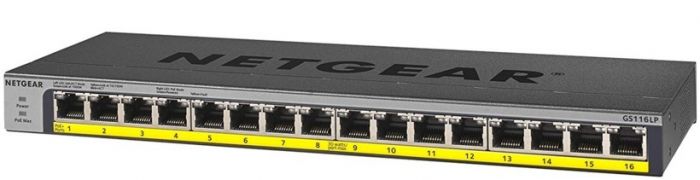 Комутатор NETGEAR GS116LP 16x1GE PoE+(76Вт), FlexPoE, некерований