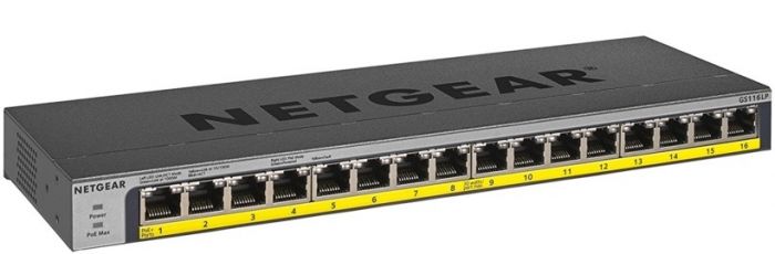 Комутатор NETGEAR GS116LP 16x1GE PoE+(76Вт), FlexPoE, некерований