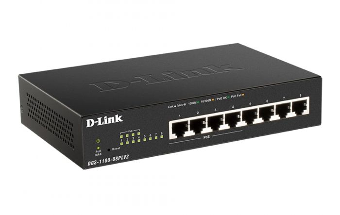 Комутатор D-Link DGS-1100-08PLV2 8xGE (4xGE PoE, 4xGE), 64Вт, Easysmart