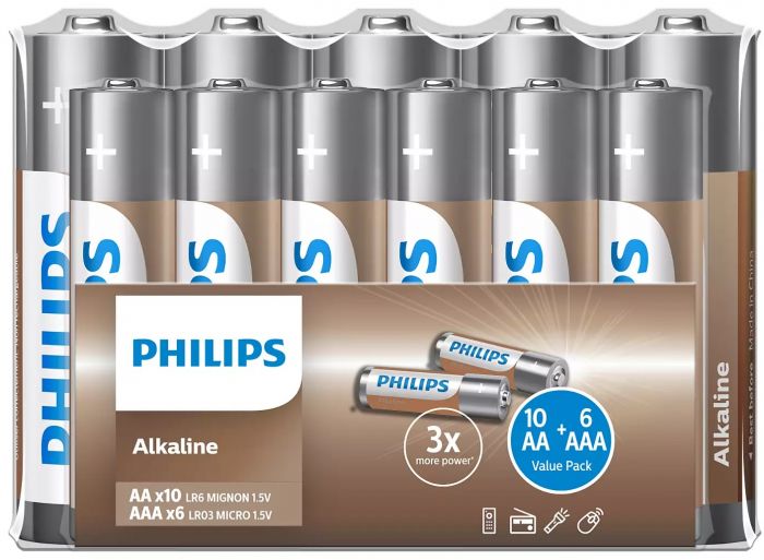 Батарейка Philips Entry Alkaline лужна AA+AAA плівка, 10+6 шт