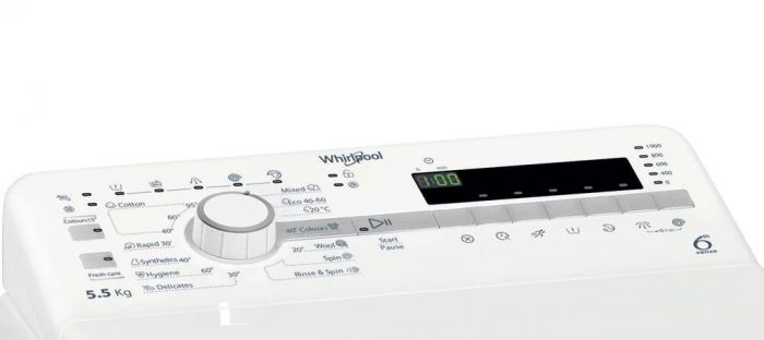 Пральна машина Whirlpool вертикальна, 5,5кг, 1000, A++, 60см, дисплей, білий