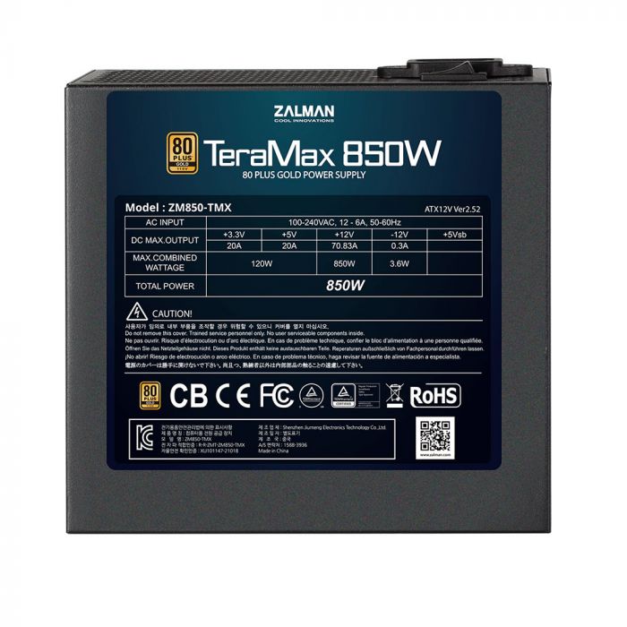 Блок живлення Zalman TERAMAX  (850W) >90%, 80+ Gold, 120mm, 1xMB 24pin(20+4)+10pin, 2xCPU 8pin(4+4), 3xMolex, 12xSATA, 6xPCIe 8pin(6+2), Fully Modular