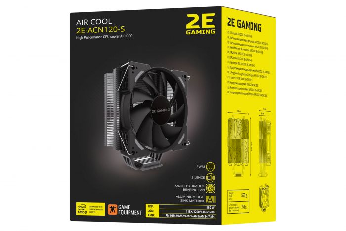 Процесорний кулер 2E GAMING AIR COOL (ACN120-S) 115X,1200,1366,1700 FM1,FM2,AM2,AM2+,AM3,AM3+,AM4, 120мм,TDP 180W