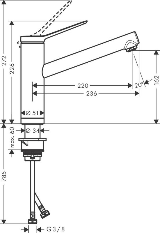 Змішувач для кухні Hansgrohe Zesis M33, довж.виливу - 220мм, поворотний, 1важіль, KM150TiltFunction, хром