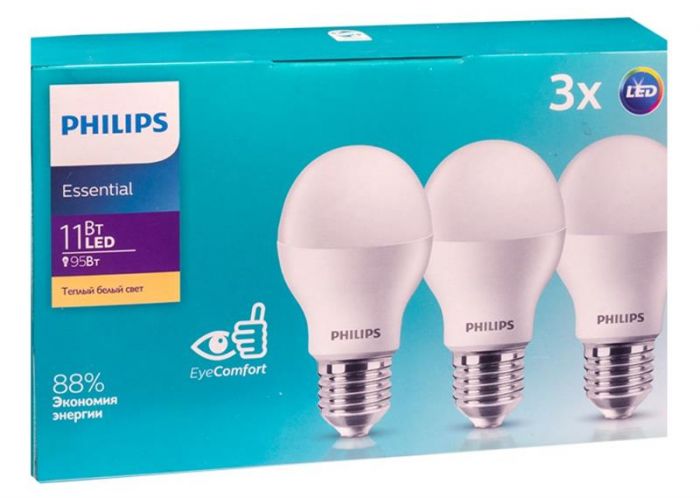 Набір ламп світлодіодних Philips LEDBulb 11W (1150lm) 3000K E27