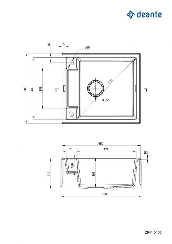 Мийка кухонна Deante Magnetic, граніт, квадрат, без крила, 560х500х219мм, чаша - 1, накладна, металічний графіт