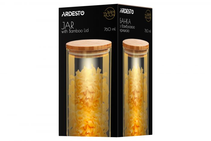 Банка для зберігання Ardesto Golden Moon, кругла, 760 мл, скло, бамбук