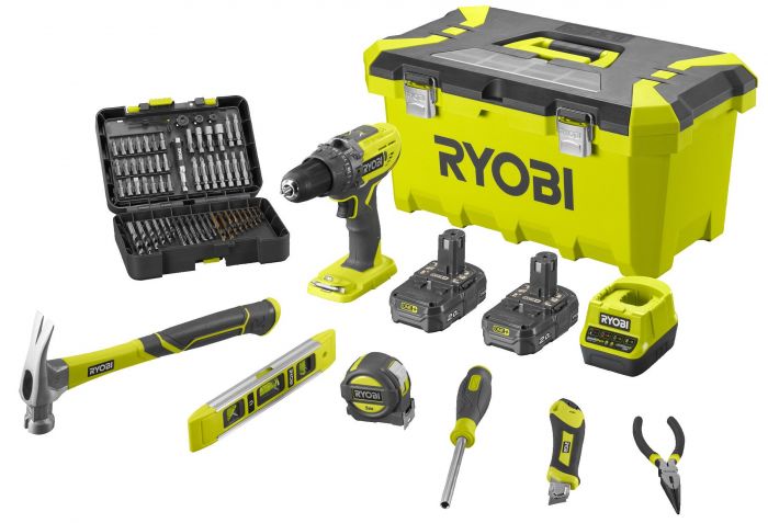 Шуруповерт-дриль RYOBI R18PD3-220TAH з набором ручного інструменту та оснащенням, з toolbox, АКБ 2х2Ач, ЗУ.