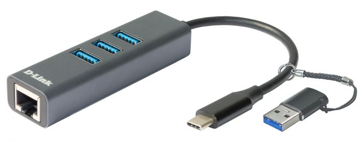 Мережевий адаптер D-Link DUB-2332 1xGE, 3xUSB-C, USB-C з адаптером USB-C/USB-A