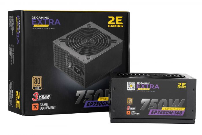 Блок живлення 2E GAMING EXTRA POWER  (750W), >90%, 80+ Gold, 140mm, 1xMB 24pin(20+4), 1xCPU 8pin(4+4), 4xMolex, 6xSATA, 4xPCIe 8pin(6+2), Fully Modular