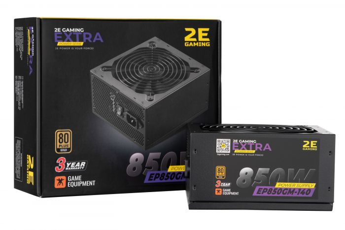 Блок живлення 2E GAMING EXTRA POWER  (850W), >90%, 80+ Gold, 140mm, 1xMB 24pin(20+4), 2xCPU 8pin(4+4), 4xMolex, 6xSATA, 4xPCIe 8pin(6+2), Fully Modular