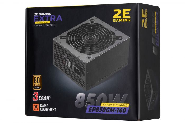 Блок живлення 2E GAMING EXTRA POWER  (850W), >90%, 80+ Gold, 140mm, 1xMB 24pin(20+4), 2xCPU 8pin(4+4), 4xMolex, 6xSATA, 4xPCIe 8pin(6+2), Fully Modular