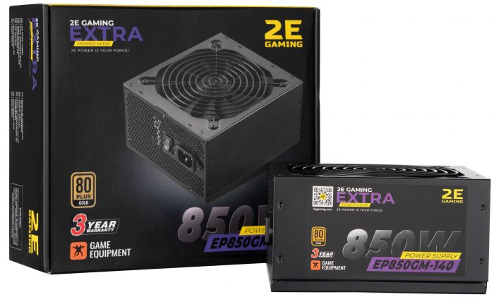 Блок живлення 2E GAMING EXTRA POWER  (850W), >90%, 80+ Gold, 140mm, 1xMB 24pin(20+4), 2xCPU 8pin(4+4), 4xMolex, 6xSATA, 4xPCIe 8pin(6+2), Fully Modular