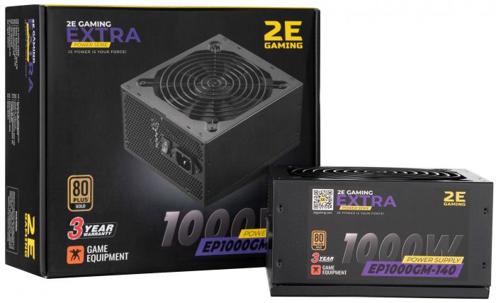 Блок живлення 2E GAMING EXTRA POWER (1000W), >90%, 80+ Gold, 140mm, 1xMB 24pin(20+4), 2xCPU 8pin(4+4), 4xMolex, 6xSATA, 8xPCIe 8pin(6+2), Fully Modular