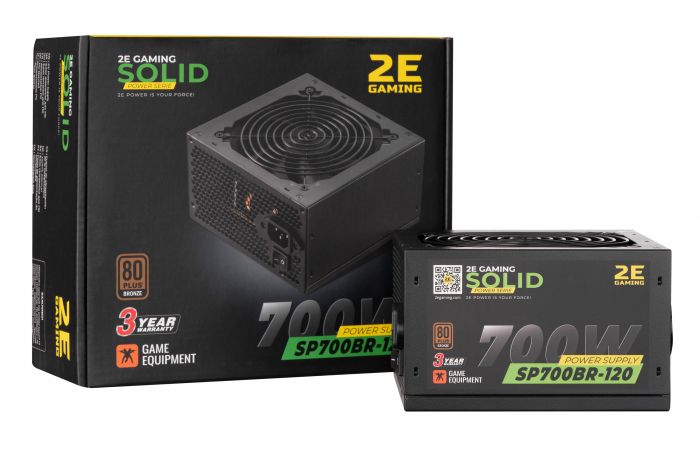 Блок живлення 2E GAMING SOLID POWER  (700W), >85%, 80+ Bronze, 120mm, 1xMB 24pin(20+4), 1xCPU 8pin(4+4), 3xMolex, 6xSATA, 4xPCIe 8pin(6+2)