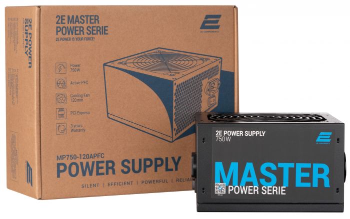 Блок живлення 2E MASTER POWER  (750W), >80%, 80+ White, 120mm, 1xMB 24pin(20+4), 1xCPU 8pin(4+4), 3xMolex, 5xSATA, 4xPCIe 8pin(6+2)