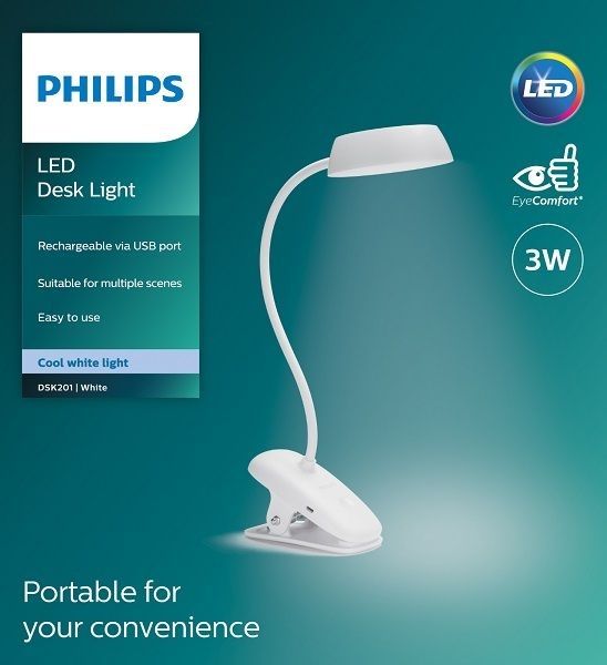 Лампа настільна Philips LED Reading Desk lamp Donutclip 3W, 4000K, 1200mAh (Lithium battery), білий