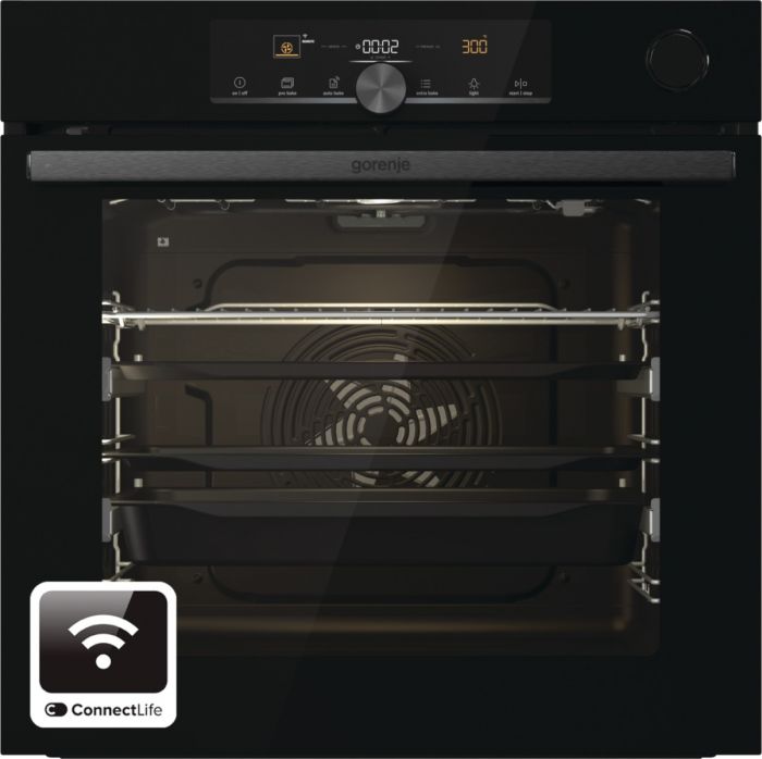 Духова шафа Gorenje BPSA6747A08BGWI електрична, 77л, A+, пара, дисплей, Wi-Fi керування, піроліз, готув. на різн рівнях, чорний