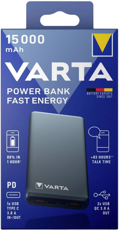 Універсальна літієва батарея Power Bank Varta Fast Energy 15000mAh Gray