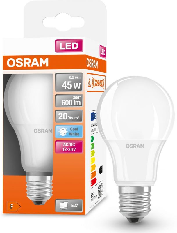 Лампа OSRAM LED E27 6,5Вт 4000K 600Лм CLA65 низьковольтна 12-36В