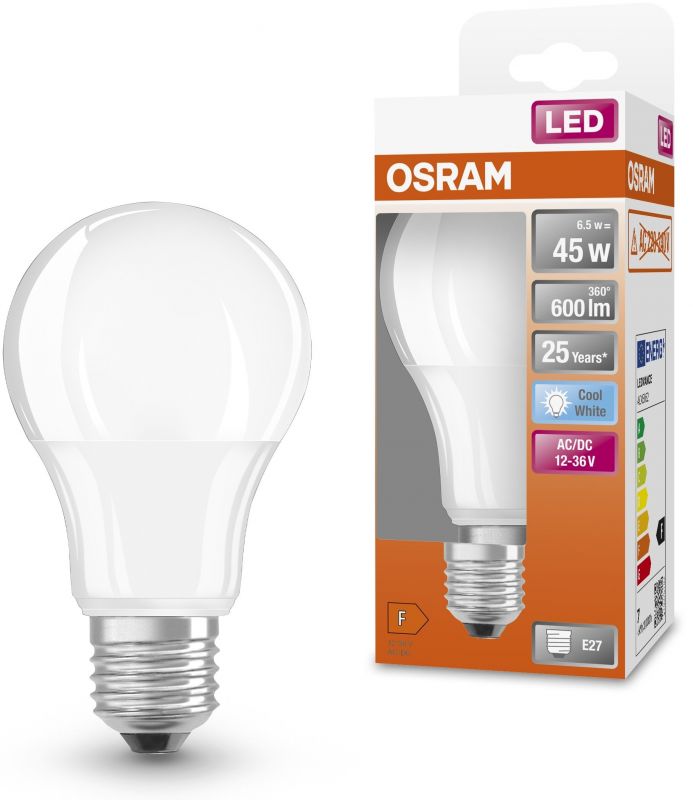 Лампа OSRAM LED E27 6,5Вт 4000K 600Лм CLA65 низьковольтна 12-36В