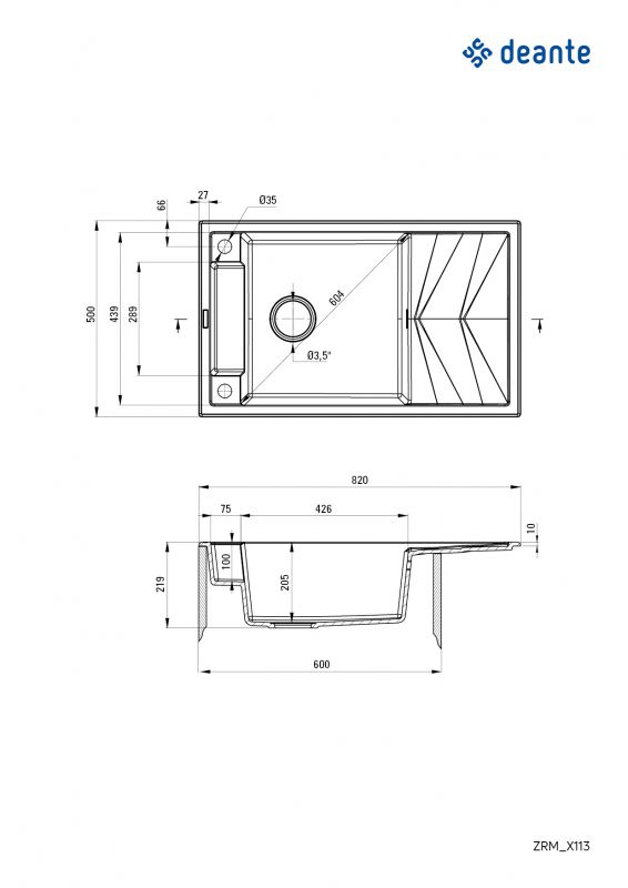 Мийка кухонна Deante Magnetic, граніт, прямокут., з крилом, 820х500х219мм, чаша - 1, накладна, антрацит