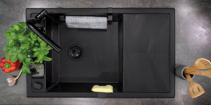 Мийка кухонна Deante Magnetic, граніт, прямокут., з крилом, 820х500х219мм, чаша - 1, накладна, чорний матовий