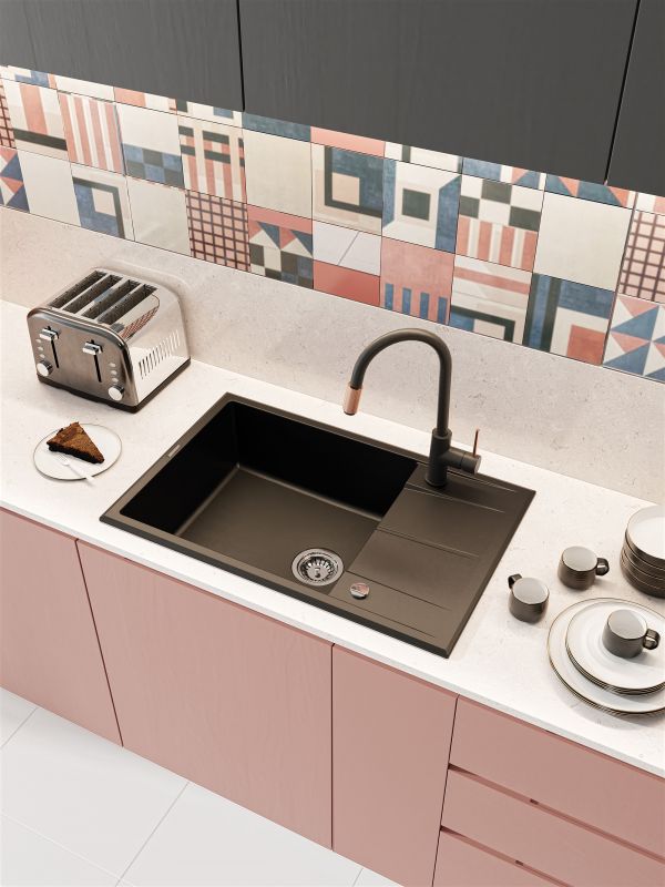 Мийка кухонна Deante Eridan, граніт, прямокут., з крилом, 780х500х210мм, чаша - 1, накладна, чорний