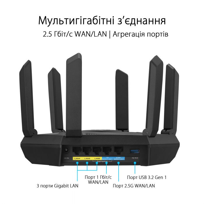 Маршрутизатор ASUS RT-AXE7800 Wi-Fi 6E 3xGE LAN 1xGE WAN 1x2.5GE LAN/WAN 1xUSB3.2 MU-MIMO OFDMA MESH gaming