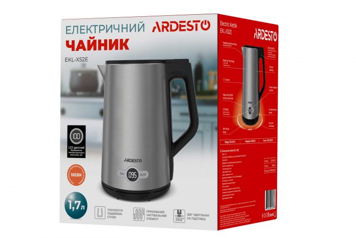 Електрочайник Ardesto EKL-X52E/1.5 л/2200 Вт/подвійні стінки/LED дисплей/4 темп. режими/Strix контроль/нержавіюча сталь