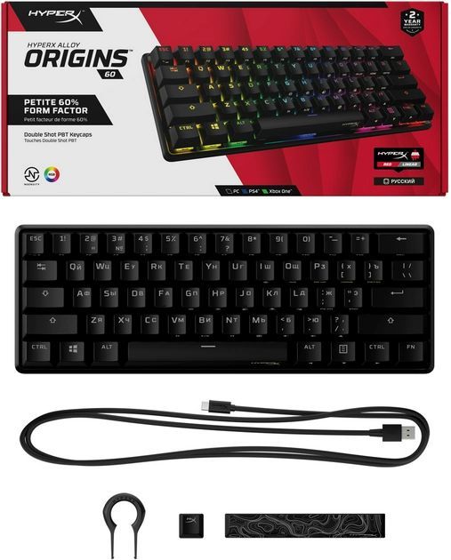 Клавіатура HyperX Alloy Origin 60 Red USB RGB ENG/RU Black