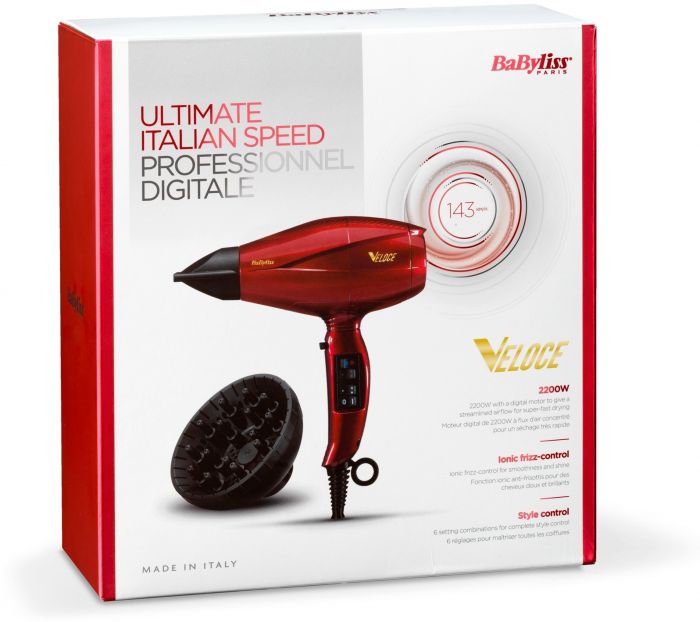 Фен Babyliss, 6750DE, 2200 Вт, 2 концентратори, дифузор, червоний